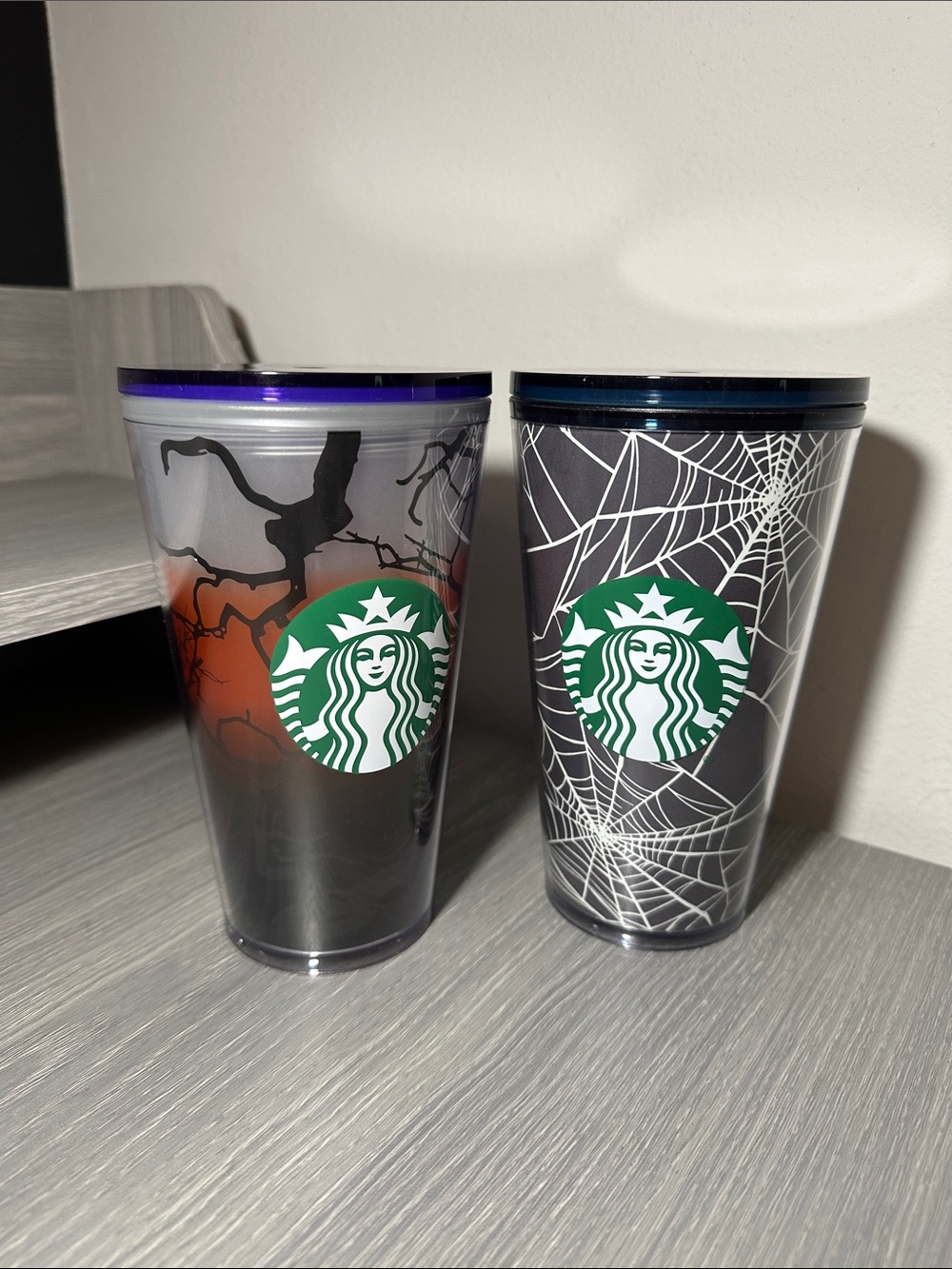 Starbucks 16oz Black & Green Halloween Spiderweb and Tree Tumbler Pair